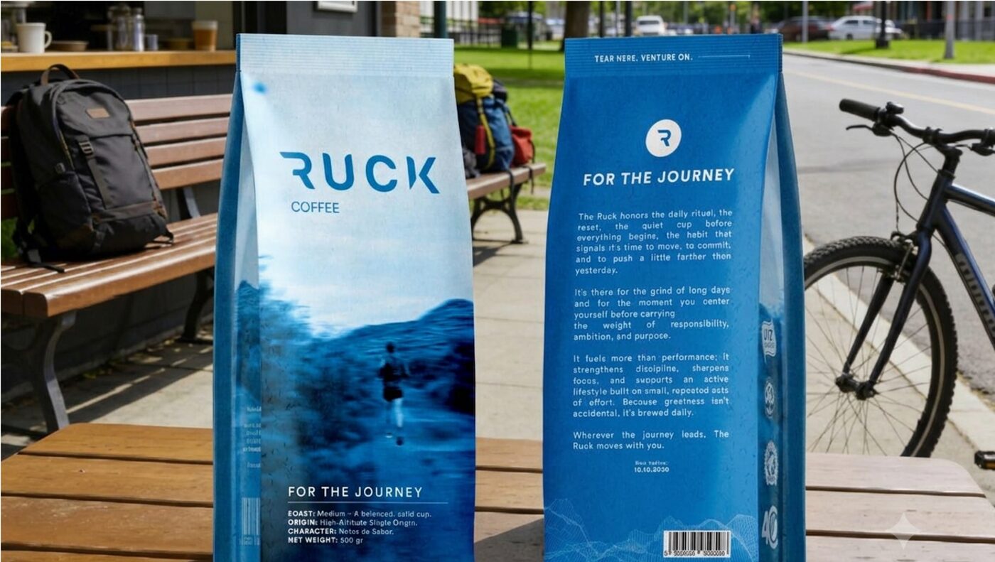 Mockup conceptual del empaque de RUCK Coffee al aire libre