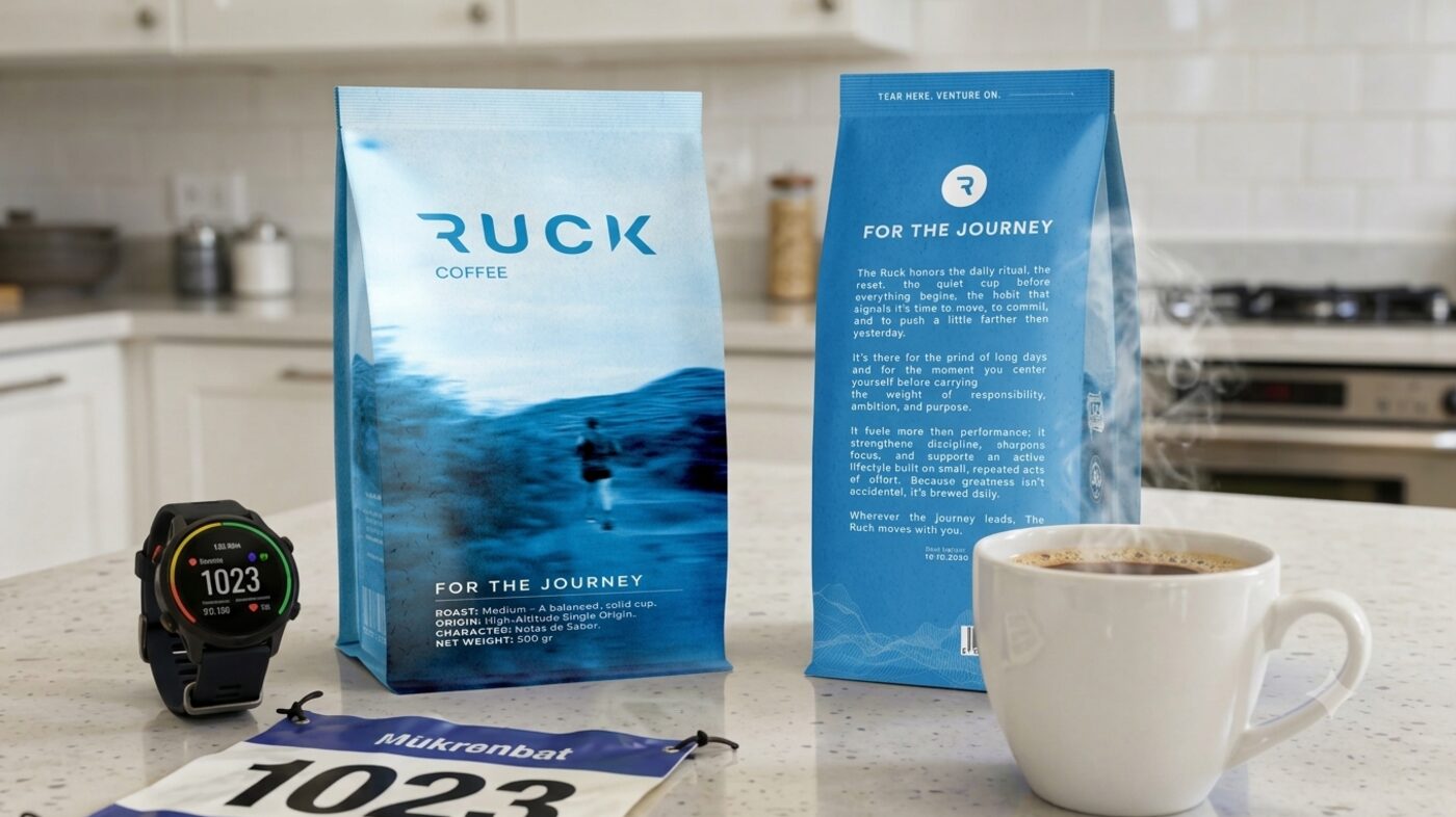 Mockup conceptual del empaque de RUCK Coffee en una cocina