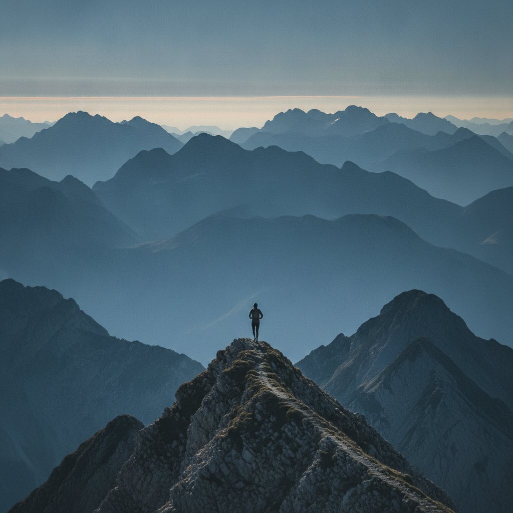 Un corredor en una cresta de los Alpes al amanecer