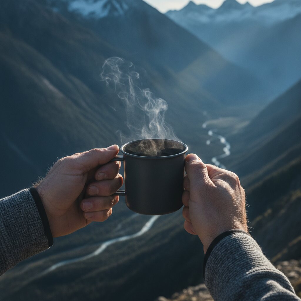 Manos sosteniendo una taza sobre un valle alpino
